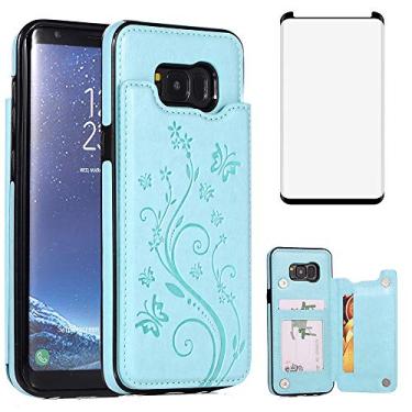 Imagem de Capa de telefone para Samsung Galaxy S8 com protetor de tela de vidro temperado, suporte de cartão, carteira com suporte, flip de couro fino, acessórios para celular macio Glaxay S 8 8S Edge SM-G950U,