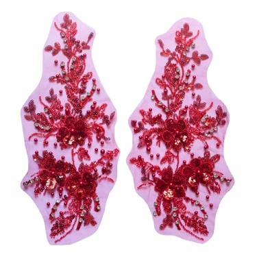 Imagem de KERLAP 2 apliques de contas, apliques de renda bordados com flores de lantejoulas 3D, aplique de strass feito à mão para acessórios de roupas (vermelho)