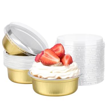 Imagem de Beasea Ramequins descartáveis com tampas, pacote com 20, 250 ml, 260 ml, copos de folha de alumínio de 10 cm descartáveis para cupcake mini pudim para festa - dourado
