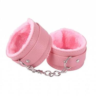 Imagem de Algema em Couro Macio com Pelúcia Aveludada com Corrente Cromada 5,5cm x 9cm (ROSA)