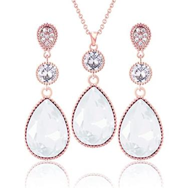 Imagem de Qinpan 18 * 13 mm pingente de cristal gota gota pingente pingente colar e brincos conjunto de joias para mulheres fantasia banhado a ouro, 38*14.5mm, Ouro rosa, Opala