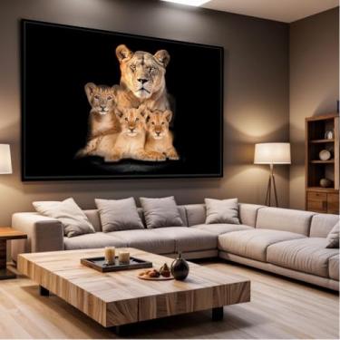 Imagem de Quadro Decorativo com Moldura Sala 90x60 Leoa com 3 Filhotes Luxo Grande Horizontal