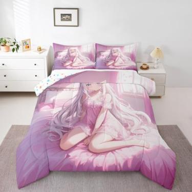 Imagem de Erosebridal Conjunto de edredom de anime japonês tamanho casal para crianças, conjunto de cama de anime kawaii, estilo japonês, desenho animado japonês, enchimento de edredom para meninos