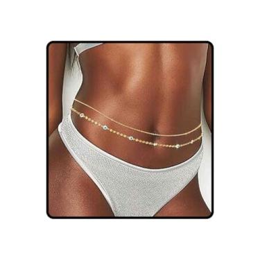 Imagem de Ursumy Corrente dourada delicada em camadas na cintura com lantejoulas para barriga cinto cruzado biquíni joia corporal para mulheres, One size, não, não