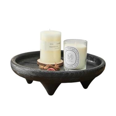 Imagem de GZQWDC Bandeja redonda de madeira com 4 pernas, bandeja decorativa rústica de 29 cm para decoração de casa, pedestal preto com pé para bancada, cozinha, banheiro, quarto (plantas, velas, obras de arte