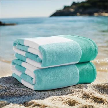 Imagem de Oceanfront Resort Pacote com 2 toalhas de praia turquesa listradas, tema jacquard listrado, para homens e mulheres, confiança certificada Oeko-TEX