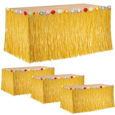 Imagem de Saia de mesa de 4 peças, saia de mesa havaiana para decoração de festa havaiana 76 cm x 2,5 m com flores de hibisco palha amarela saia de festa para festa luau festa temática havaiana