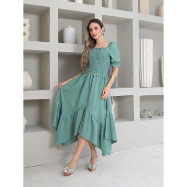 Imagem de Vestido midi de ponta liso crepinho lastex  Manga Curto - NoBrand, Ver