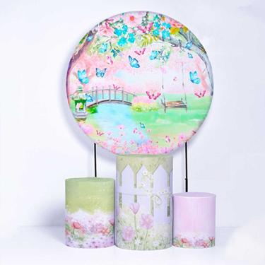 Imagem de Kit Painel de Festa Redondo de 1,80m e Trio de Cilindros Jardim Encantado - Fera Print