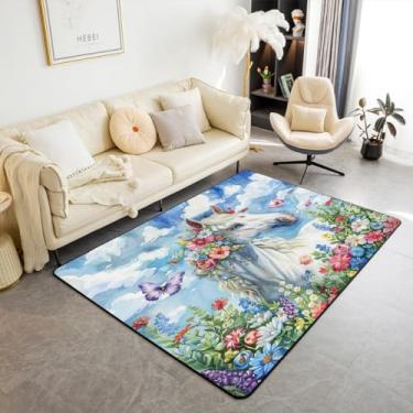 Imagem de Feelyou Tapete de área de cavalo branco para meninas, 3x5, unicórnio, floral, borboleta, para sala de estar, quarto, para crianças, meninos, adolescentes, cavalos, decoração de animais selvagens,