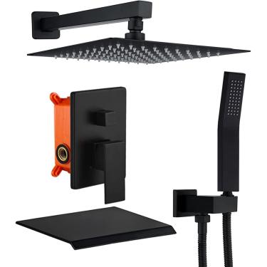 Imagem de Kit De Misturador De Chuveiro De Sistema De Chuveiro Coealed Montado Na Parede Cabeça De Chuveiro Quadrada E Mangueira, Black