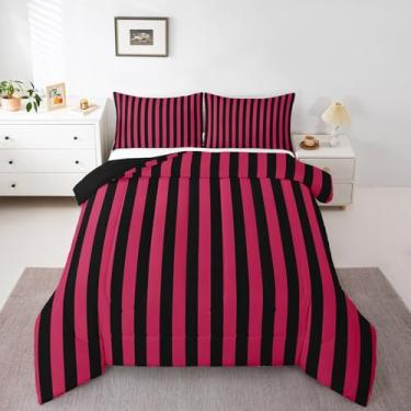 Imagem de jejeloiu Conjunto de cama de edredom rosa e preto, listrado, geométrico, para decoração de quarto de crianças, meninos, meninas, adolescentes, moderno, tamanho casal, luxuoso, 3 peças, respirável