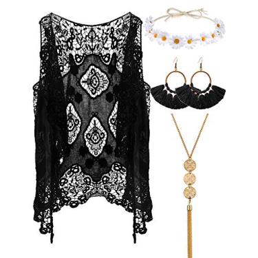 Imagem de WILLBOND 4 peças 60s 70s roupas para mulheres hippie fantasia anos 70 acessórios femininos colete hippie franja, Preto, GG