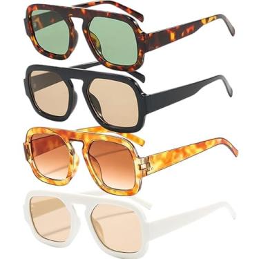 Imagem de pipajoy Óculos de sol aviador quadrados modernos para mulheres e homens, design de topo plano, armação elegante, óculos de sol vintage, Pacote com 4 lentes verdes com armação tartaruga + lente marrom