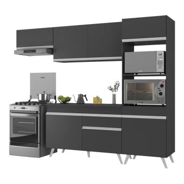 Imagem de Cozinha Compacta Veneza 7 Portas 1 Gaveta MDP 252cm Preto Branco com Tampo e Pés Retrô