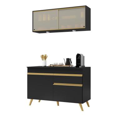 Imagem de Armário De Cozinha Compacta 120cm Com Leds Veneza Up Multimóveis V2013 Preto/dourado Preto/dourado