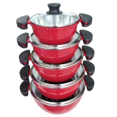 Imagem de Jogo Panelas Alumínio Fundido 5Mm Vermelho Tampa De Vidro