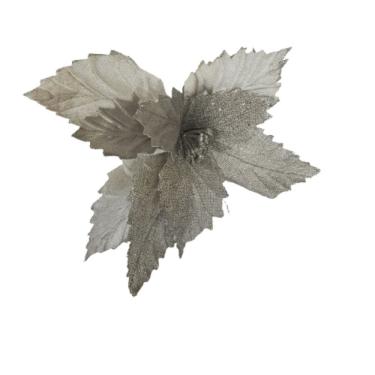 Imagem de Flor Artificial Natalina Poinsétia Tecido Prata Haste 39cm