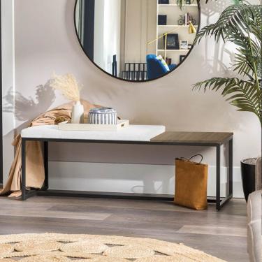 Imagem de Banco Recamier Puff 160cm Industrial Preto Suede Branco Tampo Quadrado Mdf Nogal