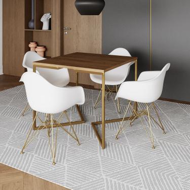 Imagem de Mesa Jantar Industrial Quadrada 90Cm Amêndoa Base V C/4 Poltronas Daw Brancas Base Do C...