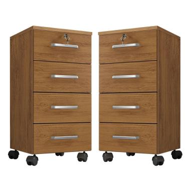 Imagem de Kit 2 Gaveteiros Para Escritório Com Chave E Rodízios 4 Gavetas Gávea Freijó