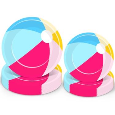 Imagem de FYSUIMU 48 peças de pratos de papel bola de praia de verão rosa azul bola de bilhar pratos descartáveis 18 e 23 centímetros utensílios de mesa para festa de aniversário, férias, piquenique, churrasco