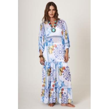 Imagem de Vestido Longo De Tule Azul Estampado Yacamim D12, M, Estampado