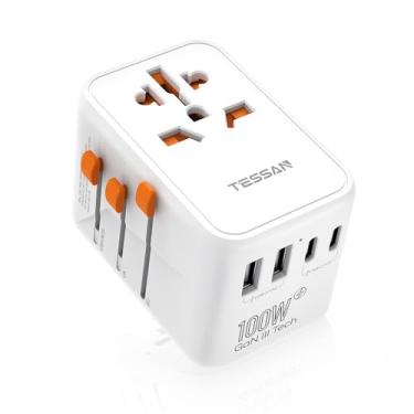 Imagem de TESSAN Adaptador De Viagem Universal Gan 100 W, Energia Internacional Com 5 Portas Carregamento Usb (3 C), Tomada Mundial Dos Eua Para Europa, Reino Unido, Austrália E Irlanda (Tipo C/G/A/I)