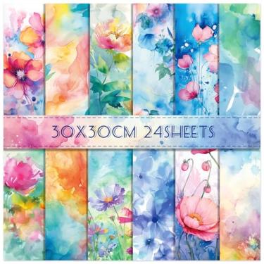 Imagem de WLXTREE 24 Folhas De Papel Floral Para Scrapbook 30X30 Cm, Aquarela, Estampa Flores, Dupla Face, Scrapbooking, Artesanato Decorativo Fazer Cartões, Kit Cartão, Suprimentos Origami