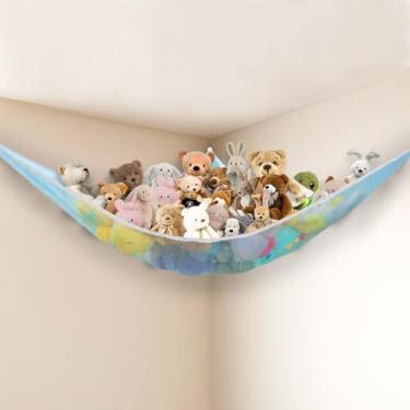 Imagem de Powkoo Rede para animais de pelúcia, canto, grande, organizador de brinquedos, rede de armazenamento para crianças, berçário, quarto, sala de jogos, decoração de parede de casa (azul)