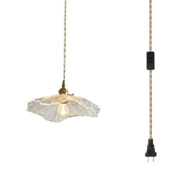 Imagem de AULLAZFR Luminárias Pendentes Estilo Moderno, Luzes De Vidro Transparente, 14 Pés, Abajur Corda Cânhamo, Flor E Acabamento Em Latão Dourado Com Interruptor Liga/Desliga, Luminária Teto Para Casa Faz