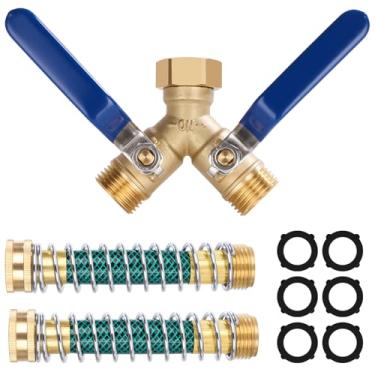 Imagem de Dalmbox Divisor de mangueira de jardim bidirecional com cabo longo, adaptador de mangueira de jardim com 2 peças de protetores de mola enrolados de mangueira de jardim e 6 arruelas de borracha