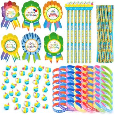 Imagem de Fainne Conjunto de 276 presentes de feliz aniversário para crianças, estudantes, sala de aula, inclui 36 lápis de feliz aniversário com borrachas de cupcake, 120 pulseiras de borracha, 120 adesivos de
