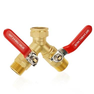 Imagem de Horiznext Divisor de mangueira de jardim de fluxo total GHT 3/4, divisor de mangueira de latão resistente de 2 vias, divisor de mangueira de válvula Y com fechamento, conector de mangueira divisor de