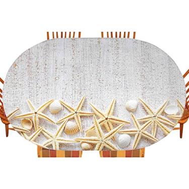 Imagem de Capa de mesa ajustada com conchas, padrão de madeira com estampa tropical de lua de mel, temática marinha clássica, toalha de mesa interna/externa, pátio e cozinha, serve para mesa de 122 x 182 cm,