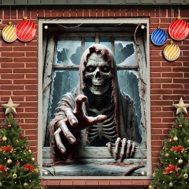 Imagem de Starlit Patio Capa de janela Halloween 47 x 31 polegadas Esqueleto assustador faixa de ceifador assustador decoração de janela de terror para casa assombrada ao ar livre pôster decoração de doces ou