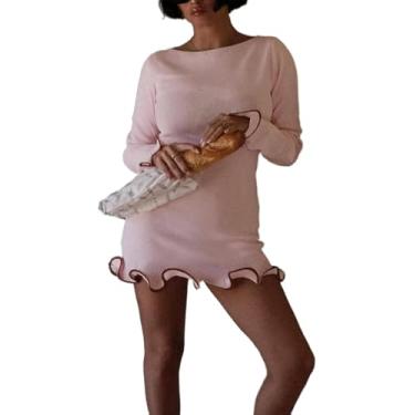 Imagem de Mini Vestido Preto De Malha Elegante Para Mulheres Outono Manga Comprida Com Babados Moda Vestido De Festa Comutar Vestidos De Suéter Curto Feminino, Pink, M