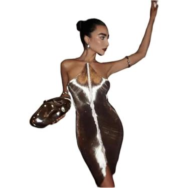 Imagem de Dresse Mulheres Elegante Brilhante Metálico Halter Midi Vestido Feminino Sem Mangas Backless Bodycon Longo Senhora Festa Clube Vestes De Noite, Silver Short, L