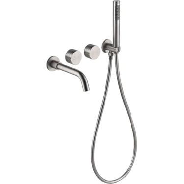 Imagem de Torneira Misturadora De Banho Coealed Montada Na Parede 2 Futions Quente E Frio Latão Tipo Split Torneira De Banho Misturadora Com Chuveiro De Mão, Brushed Silver