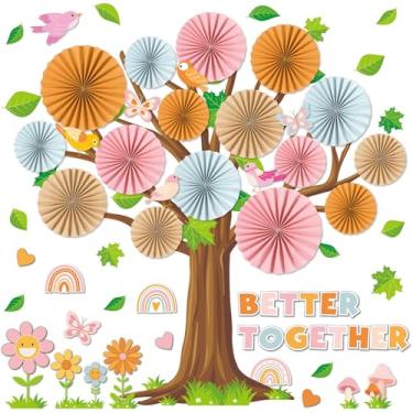 Imagem de Qyeahkj Groovy Classroom Tree Bulletin Board Set com leques de papel 3D Positive Better Together Decorações de quadro de avisos para decoração motivacional de volta às aulas escritório decoração de