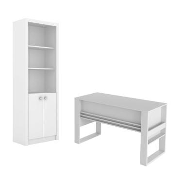 Imagem de Escritório com Mesa para Computador Simples Com Armário Pareteleira 2 Portas Branco - FdECOR