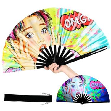 Imagem de INNOLIFE Grande ventilador de mão dobrável, ventilador de brilho UV, ventilador de mão de bambu para dança (OMG Girl)