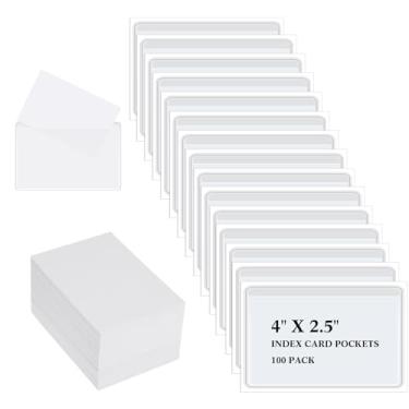 Imagem de Outus 100 bolsos autoadesivos para cartão índice com cartões em branco, 10 x 6 cm, porta-cartões de índice, transparentes, capas para guardar notas de volta às aulas, cartões fotográficos, scrapbook