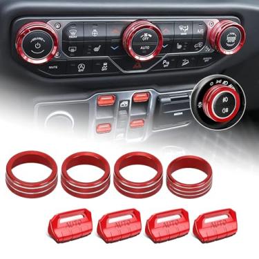 Imagem de YOMIRACING Capas de botão de controle de metal vermelho, compatíveis com Jeep Wrangler JL/JLU 2018-2025 e acessórios Gladiator JT - protetores de botão de janela/CA/rádio (8 peças, vermelho)
