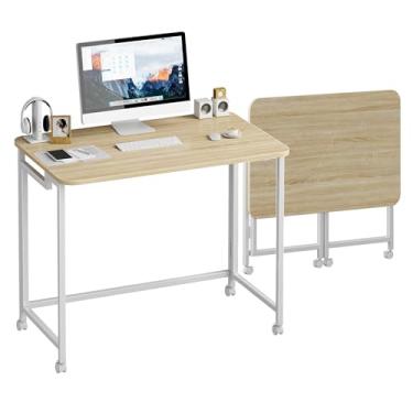 Imagem de JSB Pequena mesa dobrável para computador com bolsa de armazenamento e gancho, mesa de trabalho industrial, moderna, laptop para escritório em casa, branco (natural e branco, 70 cm)