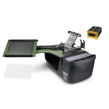 Imagem de AutoExec AE-RDBS-PI-TAB-PS-AG Reach Car Desk para sua estação de trabalho de veículo e escritório móvel, banco traseiro verde exército com inversor de potência de 400 watts, suporte para tablet e