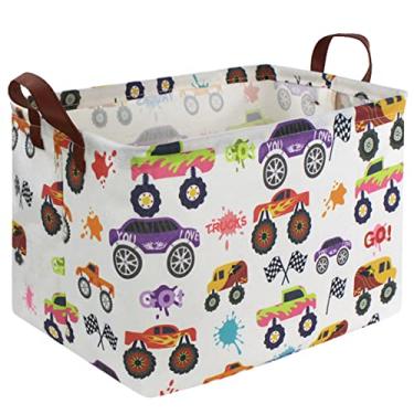Imagem de FXOCSHE Cesto de armazenamento retangular com alças, cesto de armazenamento com padrão fofo, cesto de brinquedo infantil dobrável para crianças (carro de corrida)