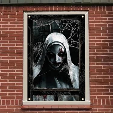 Imagem de Saoplasa Pôster de freira sangrenta assustadora de 118 x 78 cm, adesivo de janela de terror, decoração de casa assombrada, decalque de rosto assustador com vidro quebrado e design de teia de aranha