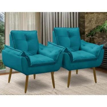 Imagem de Kit 2 Poltronas Decorativas Opala Confortáveis Para Sala Quarto Recepção Escritório Suede Luxo Azul Tiffany