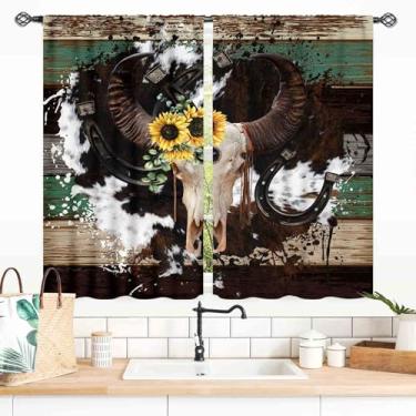 Imagem de Cortinas com estampa de vaca, tribal ocidental, touro, caveira, caubói, couro rústico, retrô, de madeira, rural, janela, tratamentos para quarto, sala de estar, banheiro, 2 painéis, 139 x 99 cm